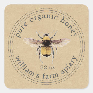 Adesivo Quadrado Mel Jar Label Honeybee Apiary Kraft Paper