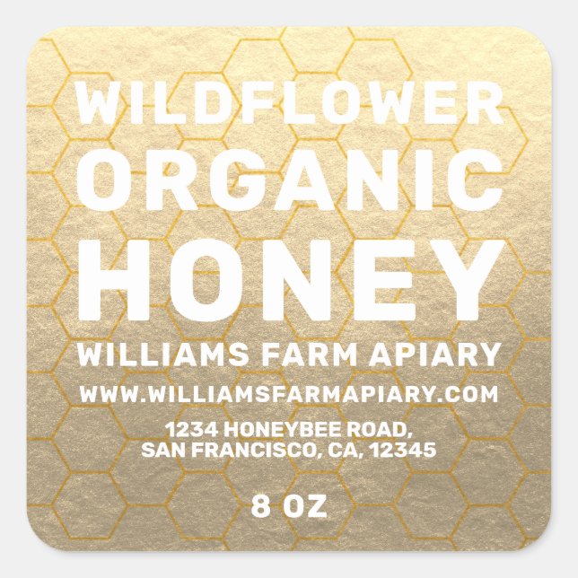 Adesivo Quadrado Mel Moderno Jar Label Honeybee Apiary Dourado (Frente)