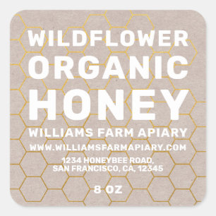 Adesivo Quadrado Mel Moderno - Jar Label Honeybee Apiary Kraft Pape