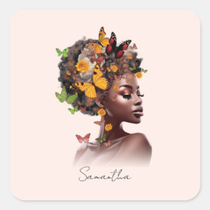Adesivo Quadrado Melanina Magic: Cabelo Afro e Borboleta Colorida
