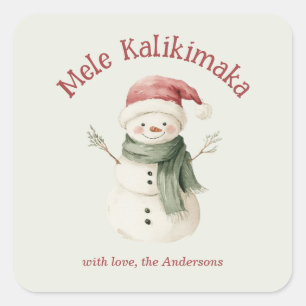 Adesivo Quadrado Mele Kalikimaka Aquarela Boneco de Neve Personaliz