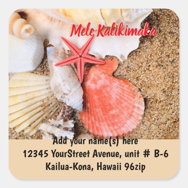 Adesivo Quadrado Mele Kalikimaka Seashells retorna endereço (Frente)