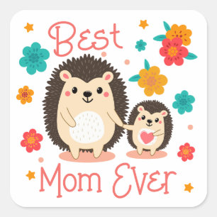 Adesivo Quadrado Melhor Mãe de Todos os Tempos, Mãe e Bebê de Ouriç