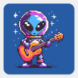Adesivo Quadrado Melodia Cósmica: Alienígena de 8 Bits com Violão