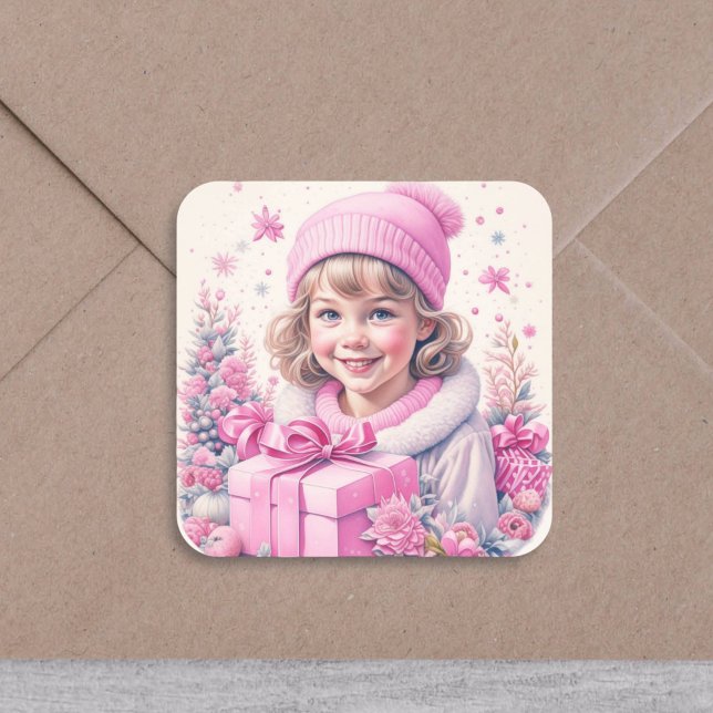 Adesivo Quadrado Menina Antiga Rosa com Caixa de Presente (Criador carregado)