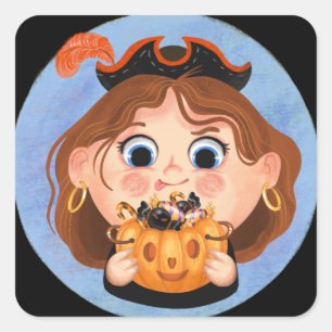 Adesivo Quadrado Menina bonita numa fantasia pirata de Halloween Ca