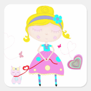 Adesivo Quadrado Menina com ilustração de gato fofo