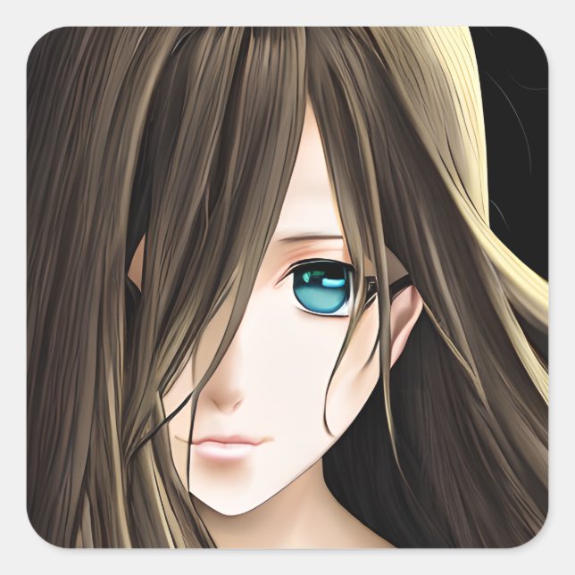 Adesivo Quadrado Menina de Animação Azul de Cabelo Castanho (Frente)