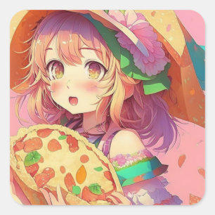 Adesivo Quadrado Menina de animação bonito segurando pizza