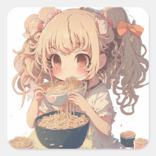 Adesivo Quadrado Menina de Animação Comendo Ramen Noodles