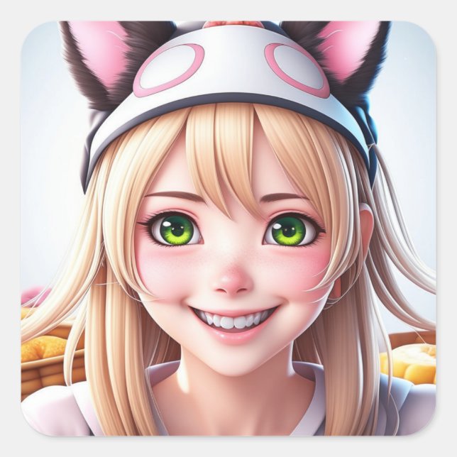 Adesivo Quadrado Menina de animação de pelanda bonita (Frente)