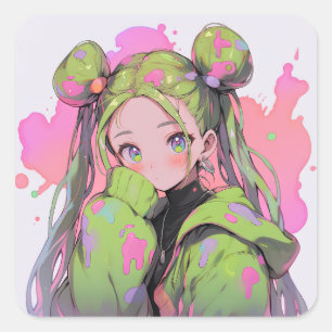 Adesivo Quadrado Menina de animação do Kawaii Pastel Splatter