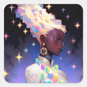 Adesivo Quadrado Menina de Animação Geométrica Moderna
