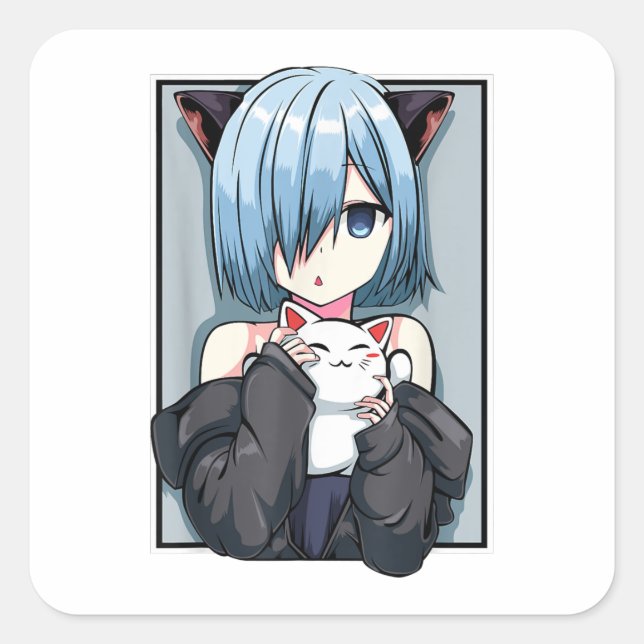 Adesivo Quadrado Menina de animação Neko Catgirl Pastel Kawaii Cat  (Frente)