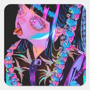 Adesivo Quadrado Menina De Anime Saindo De Sua Língua