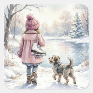 Adesivo Quadrado Menina de aquarela com patins de gelo e cachorro
