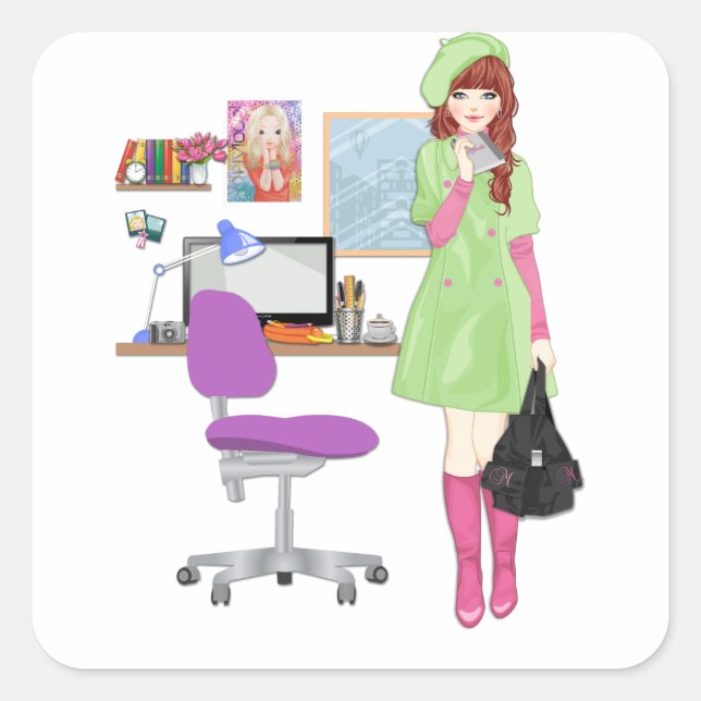 Adesivo Quadrado Menina de influência da moda do blogueiro de tendê (Frente)