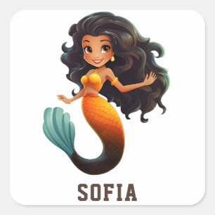 Adesivo Quadrado Menina de Sereia Africana - Nome Personalizado Afr