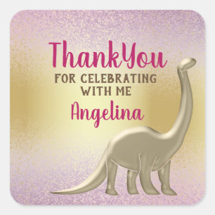 Adesivo Quadrado Menina Dinossauro de Ouro Rosa Aniversário