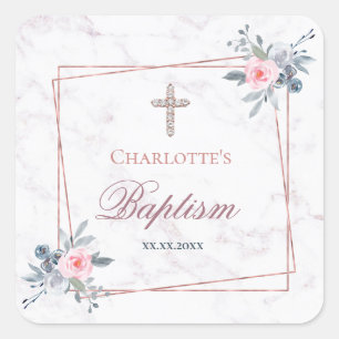 Adesivo Quadrado menina do Batismo com armação floral