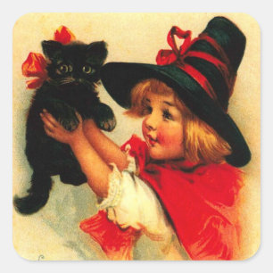 Adesivo Quadrado Menina e seu Gato Preto