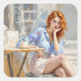 Adesivo Quadrado Menina elegante em azul e branco em um café