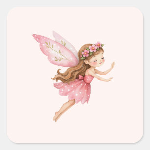 Adesivo Quadrado Menina Fada Fofo de Vestido Rosa Caprichosa