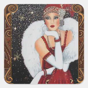 Adesivo Quadrado Menina Flapper de Natal Céu Noturno Estrelado