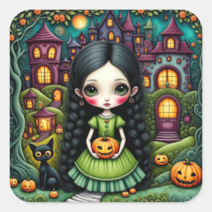 Adesivo Quadrado Menina Gótica Fofa Abóbora Vila Halloween
