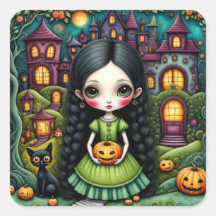 Adesivo Quadrado Menina Gótica Fofa Abóbora Vila Halloween