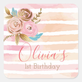 Adesivo Quadrado Menina no primeiro aniversário com estampa floral 