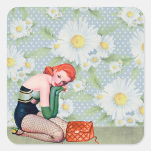 Adesivo Quadrado Menina retro do Pin-acima do Redhead