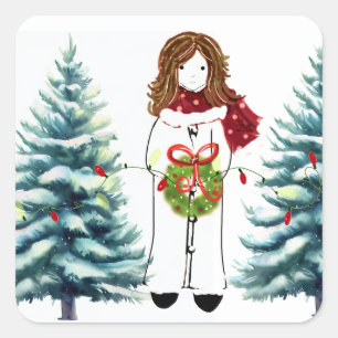 Adesivo Quadrado Menina se preparando para o Natal
