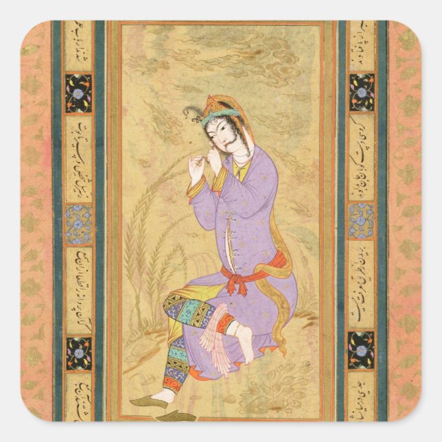 Adesivo Quadrado Menina sentada enrolando seu cabelo em inglês, de  (Frente)