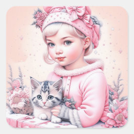 Adesivo Quadrado Menina Vintage Rosa e Gatinho Natal