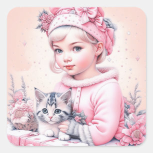 Adesivo Quadrado Menina Vintage Rosa e Gatinho Natal