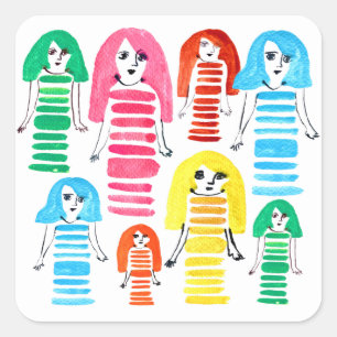 Adesivo Quadrado Meninas de aquarela fofa arte moderna