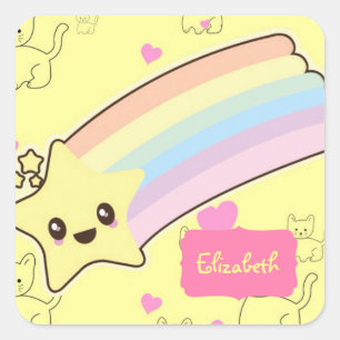 Adesivo Quadrado Meninas Kawaii Bonito no Orçamento Nome Amarelo