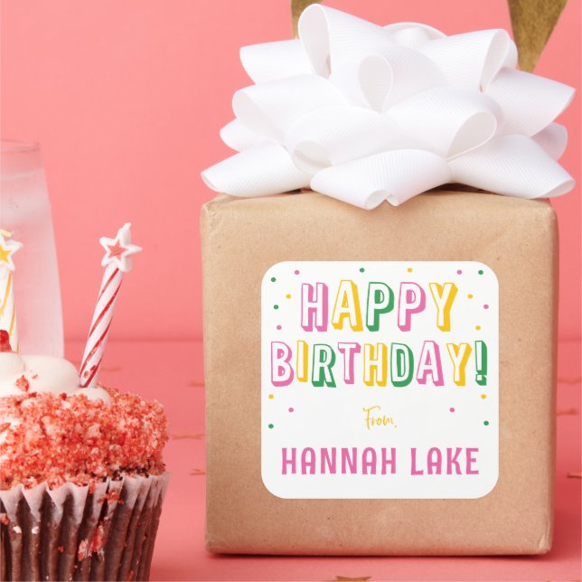 Adesivo Quadrado Meninas personalizadas Confetti feliz aniversário (Festa)