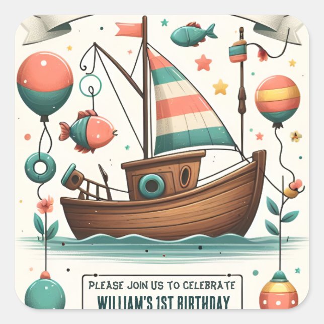 Adesivo Quadrado menino bonitinho de bote alegre Peixe de um primei (Frente)