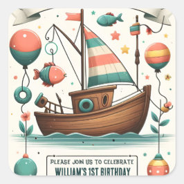 Adesivo Quadrado menino bonitinho de bote alegre Peixe de um primei