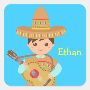 Adesivo Quadrado Menino bonito Chapéu Sombrero Mexicano Guitarra Fe