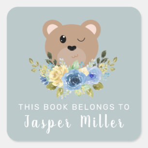 Adesivo Quadrado Meninos Cute Teddy Bear Dusty Blue & Name Kids