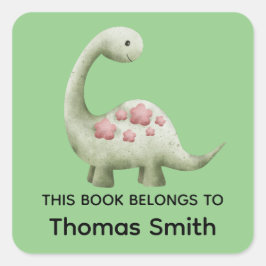 Adesivo Quadrado Meninos Verde "Este Livro Pertence" Dinossauro e N