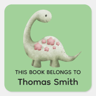 Adesivo Quadrado Meninos Verde "Este Livro Pertence" Dinossauro e N