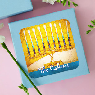 Adesivo Quadrado Menorá de Ouro Amarelo do Hanukkah com Nome Person