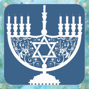 Adesivo Quadrado Menorá Elegante de Hanukkah com Estrela de Davi Fl