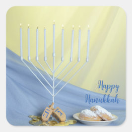 Adesivo Quadrado Menorah Branca Dourada Moedas e Sonhos Feliz Hanuk