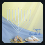 Adesivo Quadrado Menorah Branca Dourada Moedas e Sonhos Feliz Hanuk<br><div class="desc">Apresentamos o nosso encantador adesivo de comemoração Chanucá, com uma mistura harmoniosa de elementos tradicionais que dão vida ao espírito do Festival das Luzes! Este adesivo encantador inclui uma menorah radiante, moedas de jogo, um sonho divertido e donuts tentadores — todos lindamente ilustrados para adicionar um toque de calor e...</div>