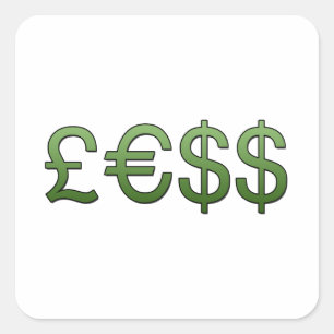 Adesivo Quadrado menos dinheiro Símbolos Libras, Euro Dólar Ameri